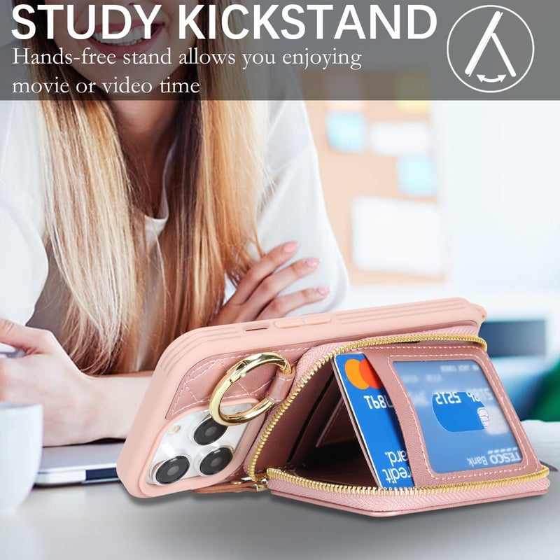 Hamany Crossbody Wallet Case for iPhone 14 Pro, PU Leather Zipper Handbag Purse Flip Cover, Kickstand Folio Case with Card Slots Holder Wrist Strap Lanyard 5G 6.1 Inch-Rose Gold - Image 4